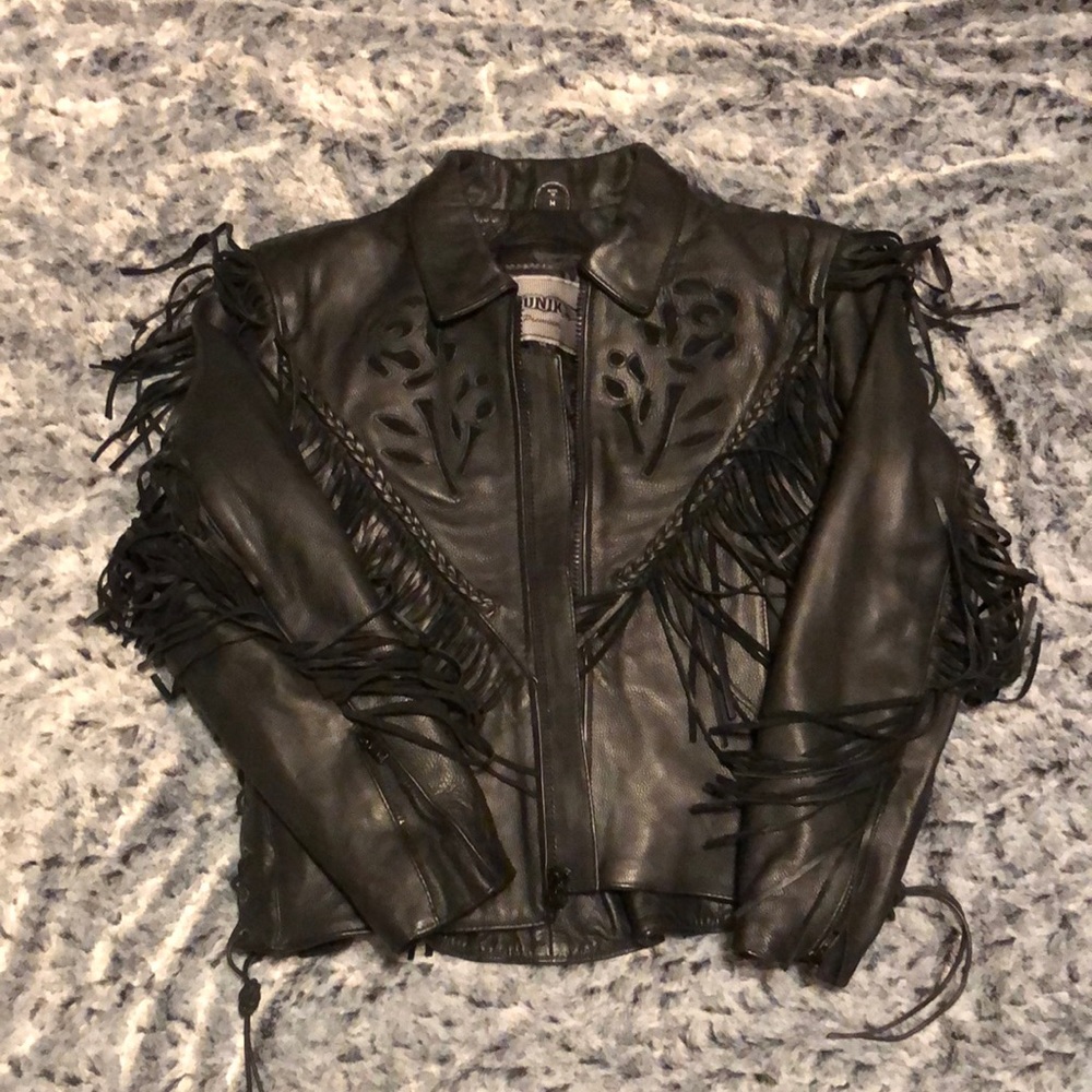 Womens black leather fringe motorcycle jacket size medium